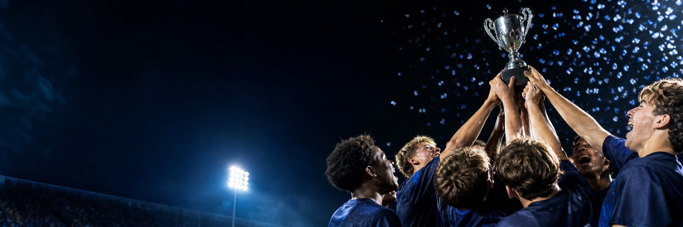 Student-athletes celebrating a championship under stadium lights.