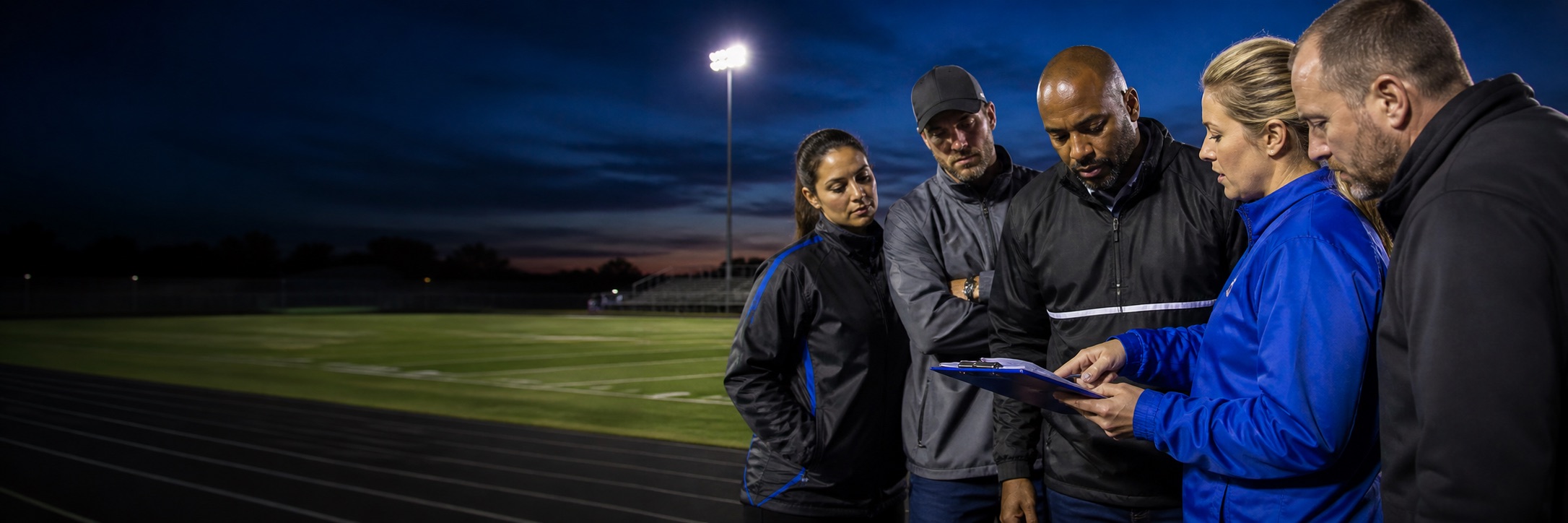 Athletic administrators reviewing league plans beside a stadium field at dusk.