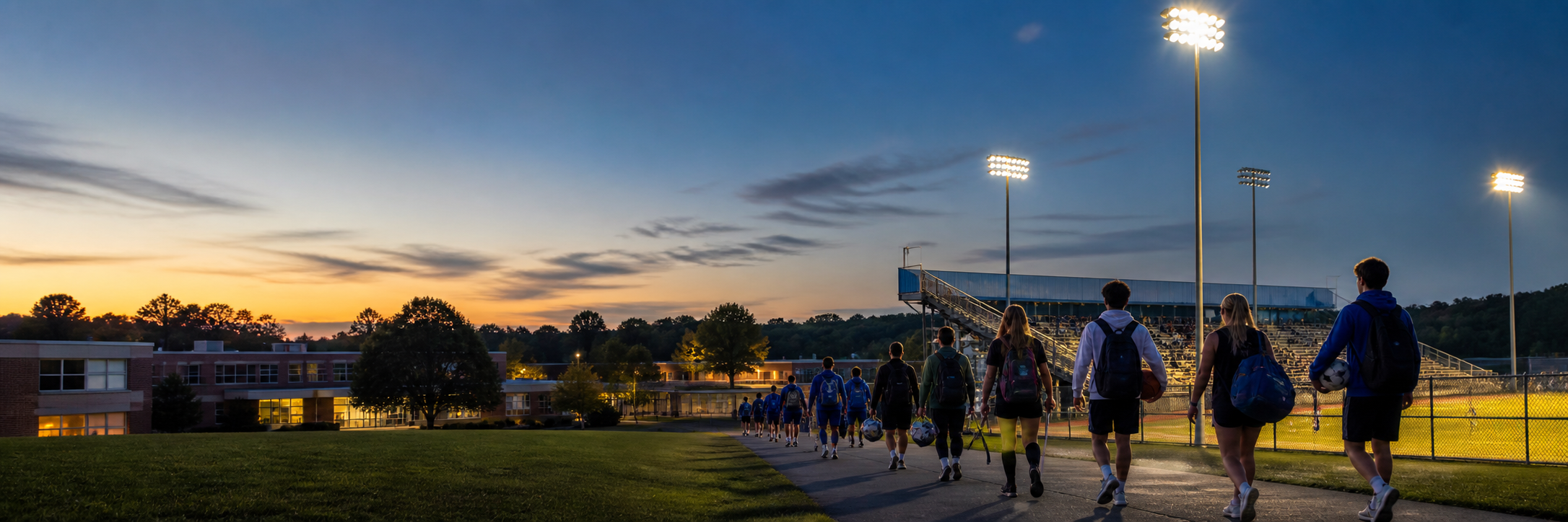 Student-athletes walking together toward a school stadium at dusk.